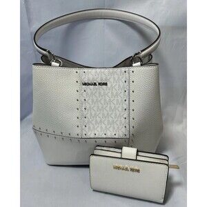 Michael Kors MK Signature Studded Shoulder Bag + Wallet White Set Medium Purse
